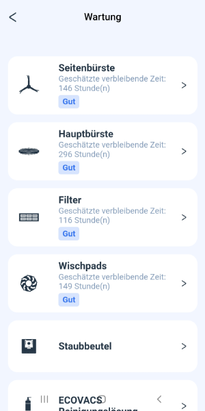 In der App ist ersichtlich, dann das Zubehör gewartet bzw. getauscht werden muss.