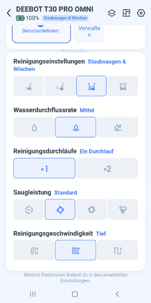 Die Reinigungseinstellungen können individuell angepasst werden.