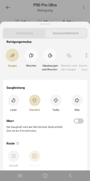 Übersicht der Reinigungseinstellungen in der Mova-App